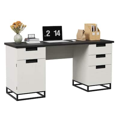 59" Farmhouse Executive Desk, Home Office Desk with File Drawer and Storage Cabinet