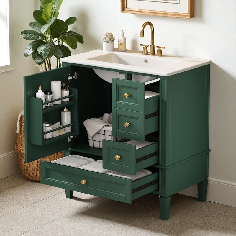 30 Inch Bathroom Vanity with Sink, Modern Freestanding Cabinet with 3 Drawers, Solid Wood Frame & Ceramic Top