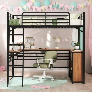 Full Size Metal Loft Bed with L-shaped Desk and Shelves, Sturdy Steel Frame, Space-Saving Design for Bedroom