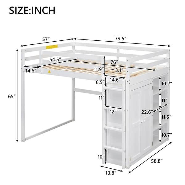 Wood Full Size Loft Bed with Built-In Wardrobe and Storage Shelves