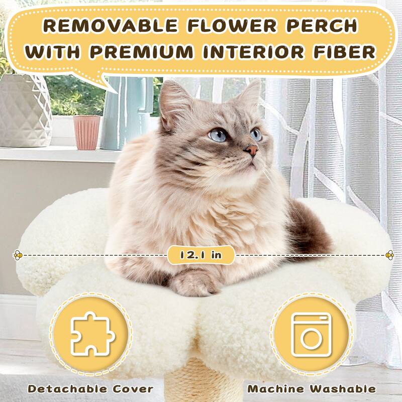 EROMMY 14.6 in Flower Cat Tree with Well-padded Perch, Cat Tower with Sisal Scratching Posts and Interactive Toys, Yellow