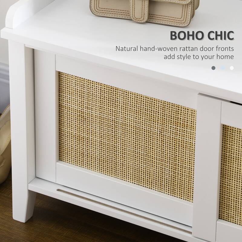 White Rattan Shoe Storage Bench with Sliding Doors and Pine Wood Legs for Entryway or Hallway - 31.5" W x 13.75" D x 17.75" H
