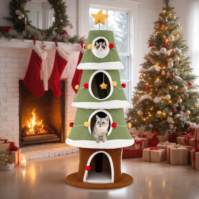 Costway 61”Large Christmas Cat Tree with 4 Condos, Sisal Carpet, - as pic shows - See Details