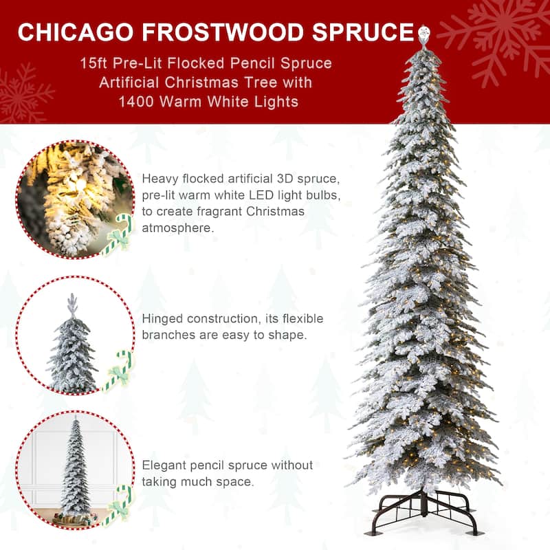 Glitzhome Pre-Lit Flocked Pencil Spruce Artificial Christmas Tree with Warm White Lights