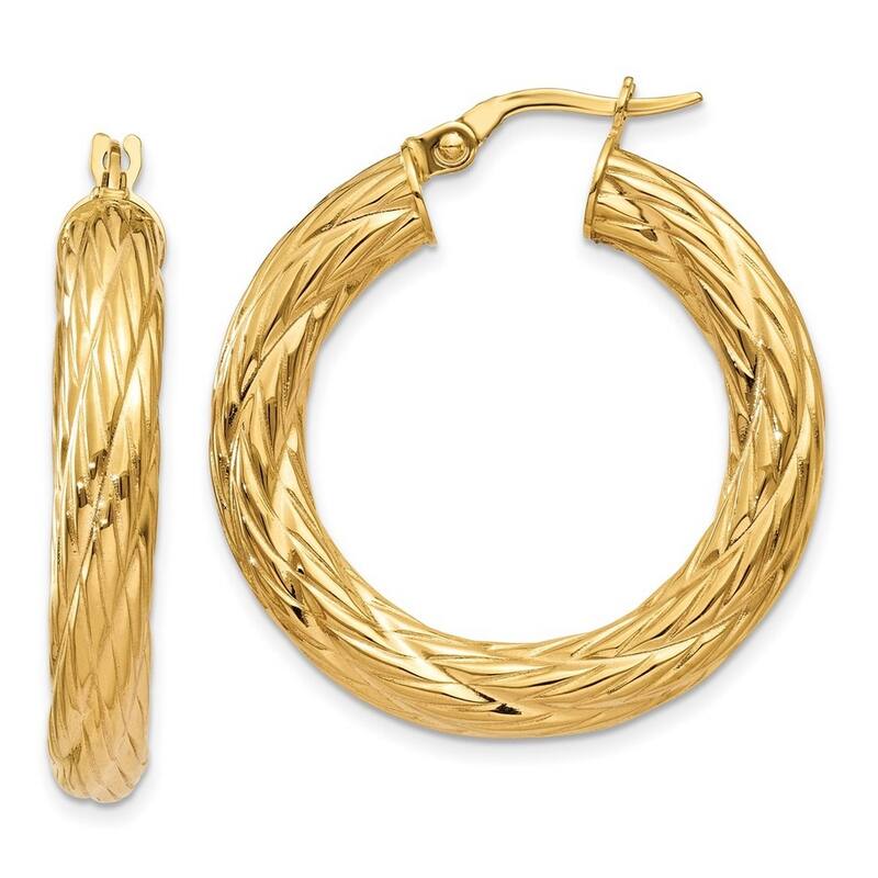 Curata 14k Yellow Gold Large Textured Swirl 32x4.5mm Tube Hoop Earrings