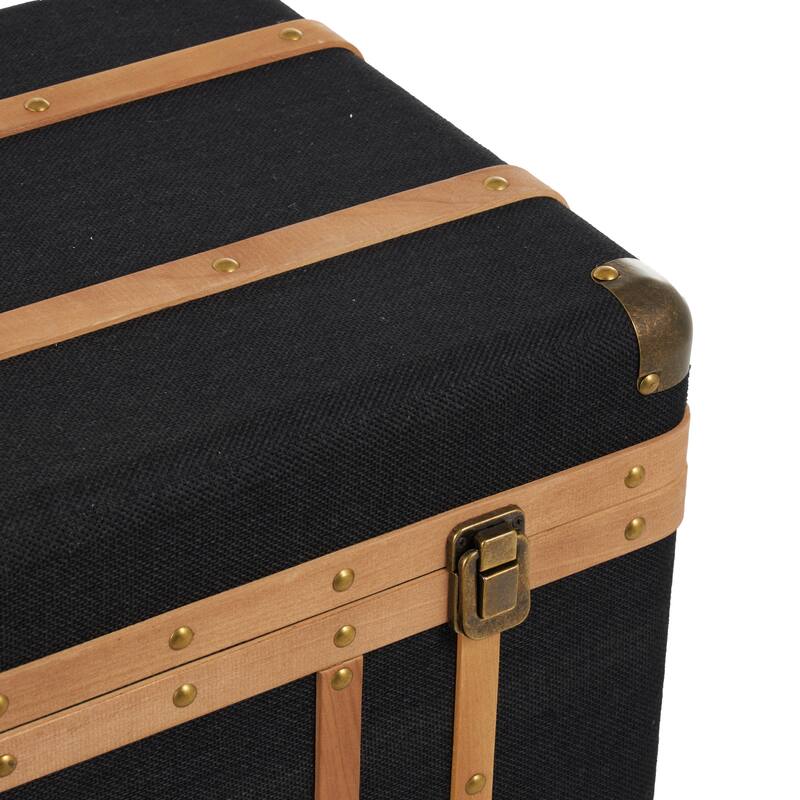 Fabric Decorative Trunk with Brass Metal Latches and Brown Wooden Accents - Set of 3 Black - Roche River Decor