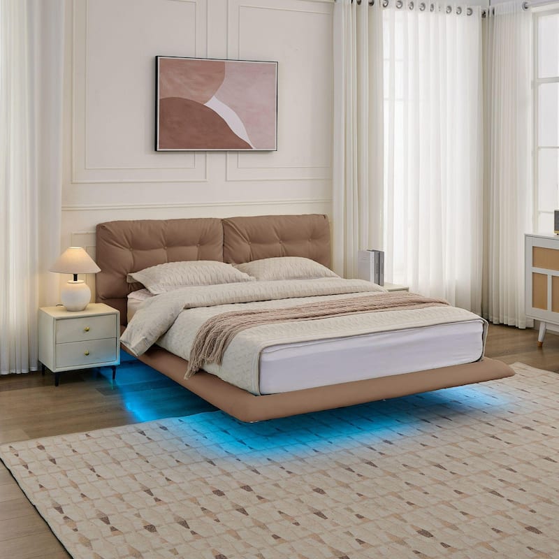 Queen Size Upholstered Floating Bed Frame with LED Lights, Platform Bed with Button-Tufted Headboard, No Box Spring Needed