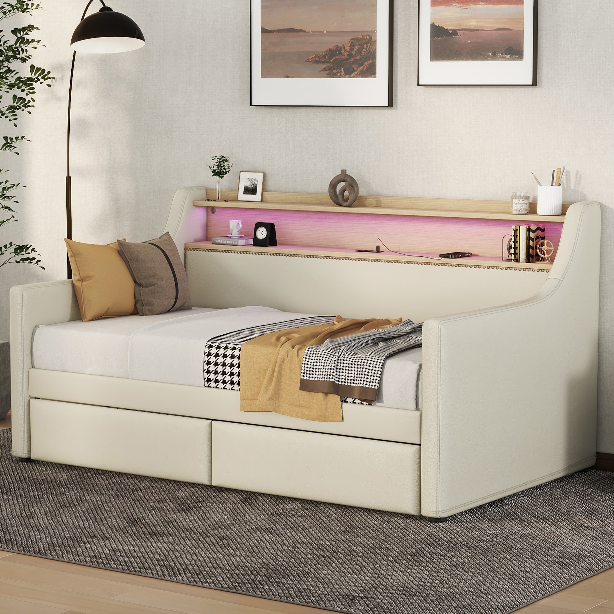 Roomfitters Twin Upholstered Daybed with Drawers, LED Charging Station and Storage Headboard, Beige
