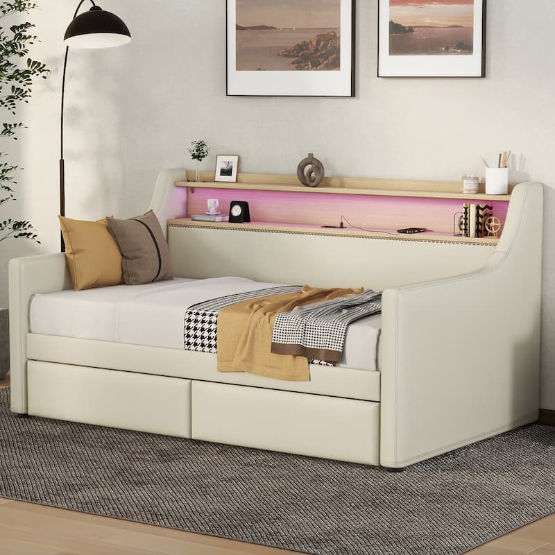 Roomfitters Twin Upholstered Daybed with Drawers, LED Charging Station and Storage Headboard, Beige - Beige