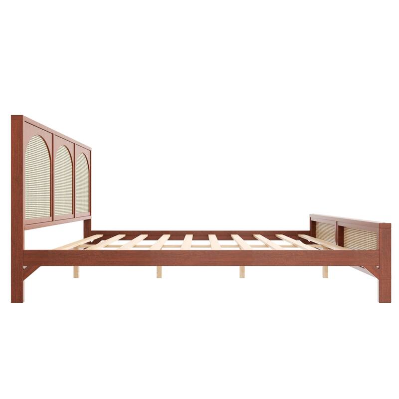 Roomfitters Queen/King Wood Platform Bed with Rattan Headboard and Footboard