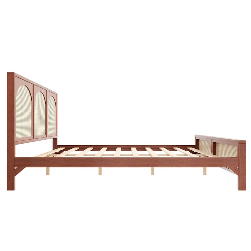 Wood Platform Bed Frame with Rattan Decorations Headboard & Footboard, Slat Support System, No Box Spring Needed, Easy Assembly
