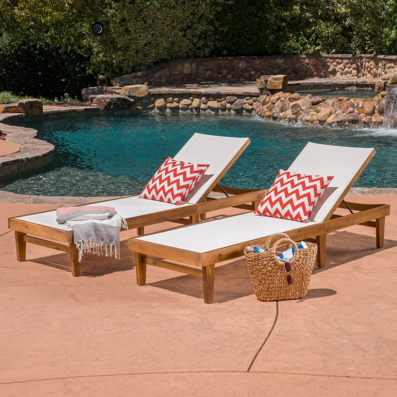 Summerland Outdoor Mesh and Wood Chaise Lounge (Set of 2) by Christopher Knight Home - Teak Finish + White Mesh