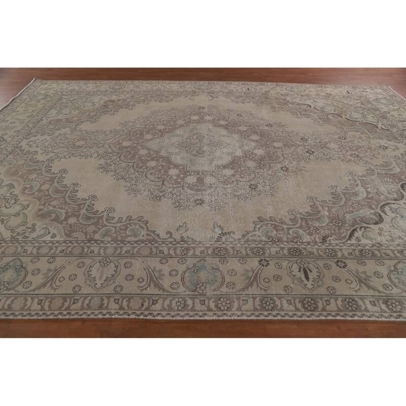 Hand Knotted Oriental 100% Wool Carpet Traditional Medallion Beige & Ivories Tabriz Area Rug - 12' 2'' X 9' 8''