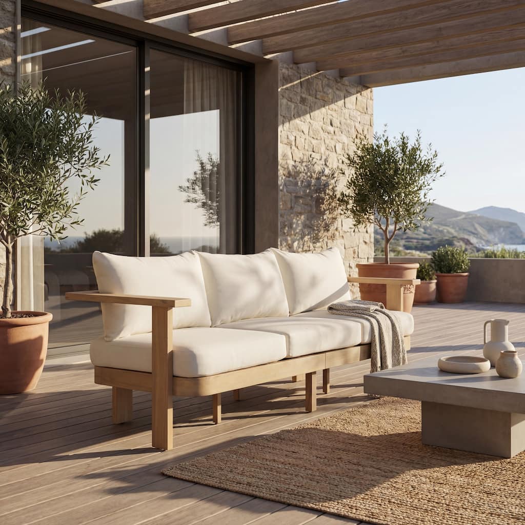 Christopher Knight Home - Modern 77.95'' W Outdoor/Indoor Patio Acacia Solid Wood 3-Seater Sofa with Soft Cushions and Armrest