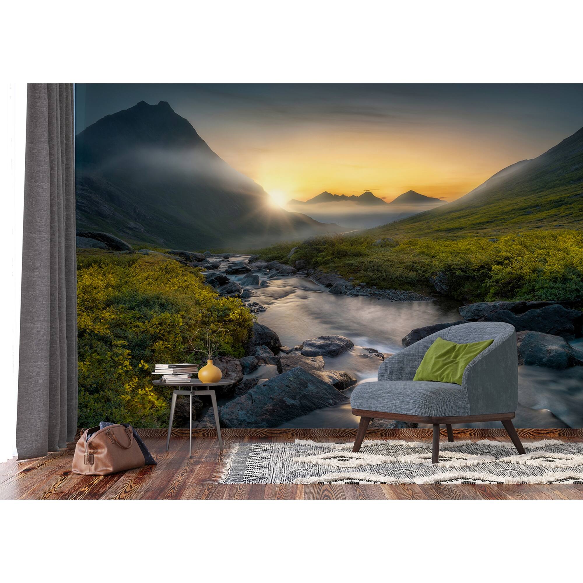 Mountain Sunrise Yellow Green Wall Mural 142 in x 106 in Bed Bath