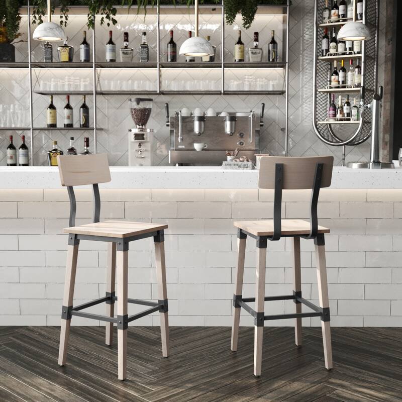 2 Pack Commercial Grade Rustic Industrial Style Wood Dining Barstool