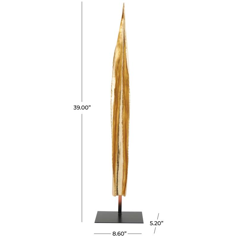 Gold Polystone Slim Abstract Leaf Sculpture with Black Metal Stand