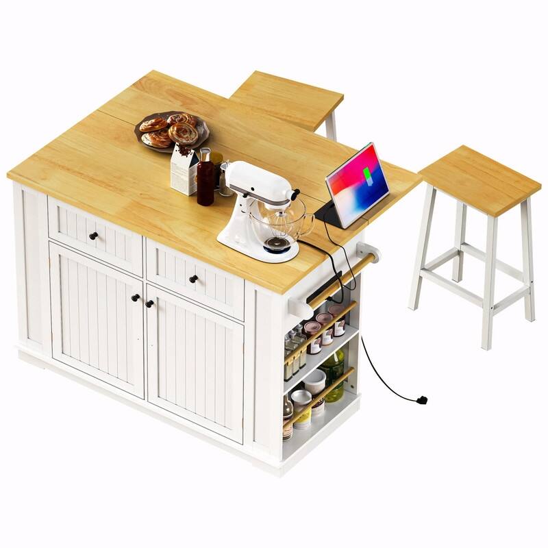 48" Rolling Kitchen Island with Drop Leaf, Power Outlet & 2 Bar Stools, Storage Cart with Drawers & Racks
