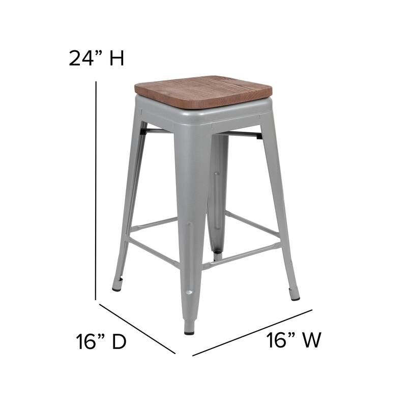 4 Pack 24" High Metal Indoor Counter Bar Stool with Wood Seat - Stackable Stool