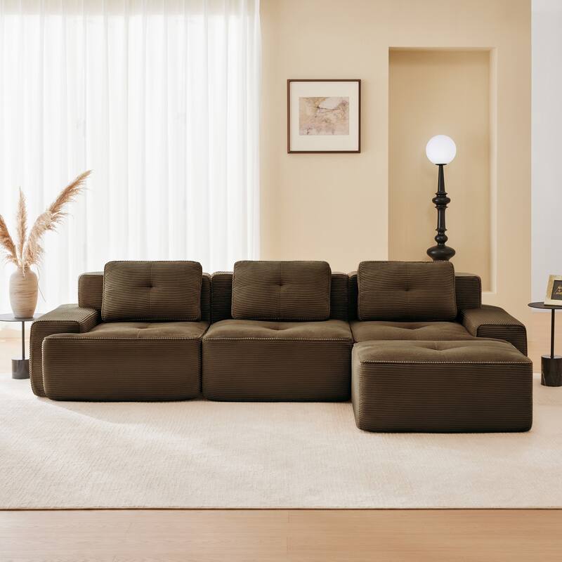 L-Shaped Modular Sectional Sofa with Movable Ottoman, Corduroy Boneless Cloud Couch, Tufted Deep Seat Sofa with 3 Pillow - Brown