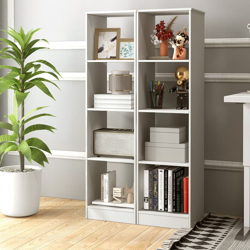 White Engineered Wood Space-Saving Narrow 5-Tier White Bookcase with 4 Cubes Storage Shelf - 15" x 13" x 56" (L x W x H)