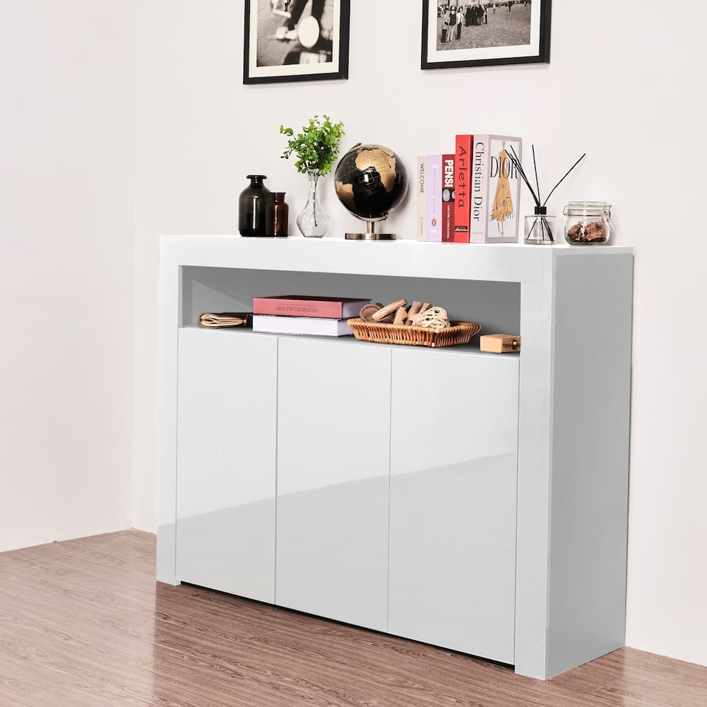 Roomfitters High Gloss Storage Cabinet with LED Lights Modern Sideboard Buffet Handleless Open Shelf Credenza, White