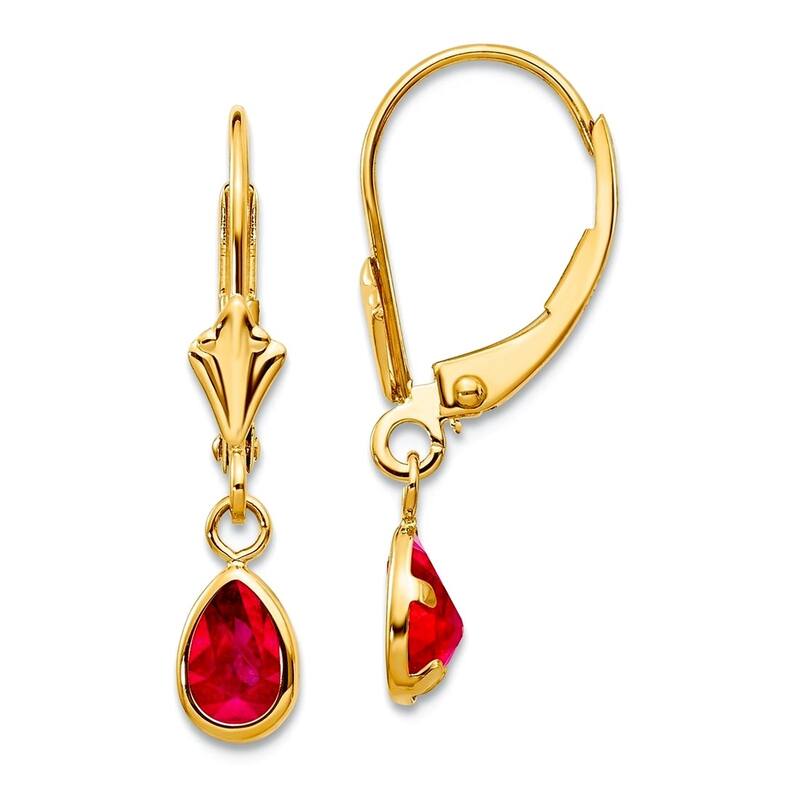 Curata 14k Yellow Gold Bezel 4x6mm Pear Gemstone Birthstone Leverback Earrings - 23x4mm - Ruby