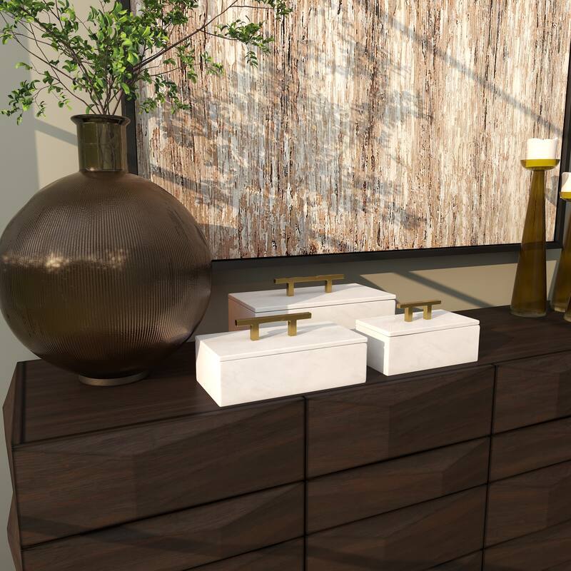 Black, Green or White Marble Box with Gold Handle (Set of 3) - S/3 12", 10", 8"W