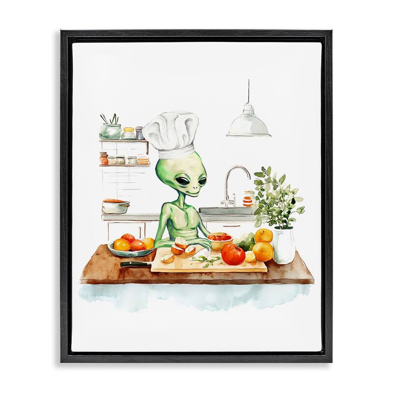 Stupell Chef Alien in Kitchen Framed Floater Canvas Wall Art Design By Lil' Rue - 17 x 21 - Black