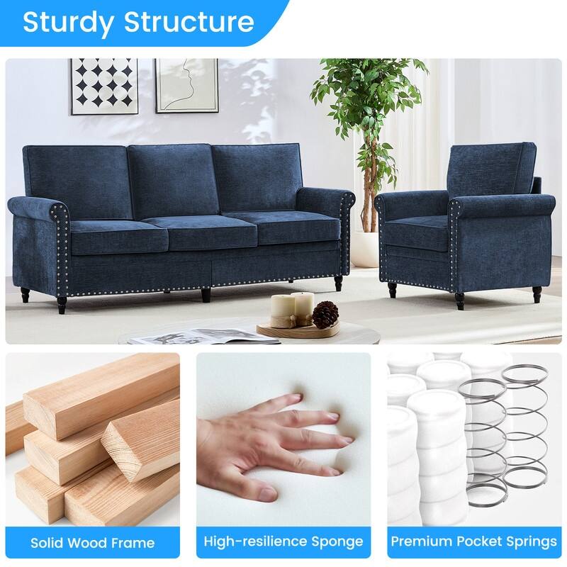 Mixoy Chenille Fabric 3-Seater Sofa Couch with Single Sofa Chair with Rivet Design,Solid Wood Gourd Legs for Living Room - 3+1