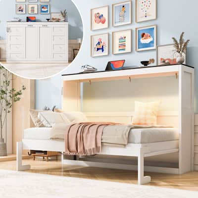Foldable Cabinet Bed with Hydraulic Lift and 7-Color LED Lighting by Harper&Bright Designs