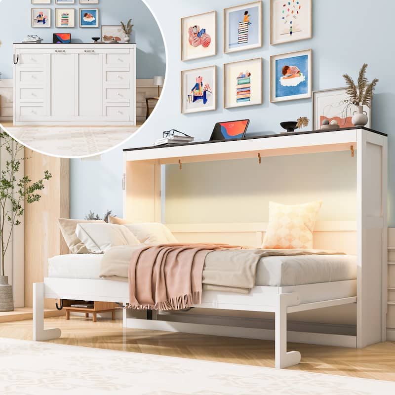 Twin Size Murphy Bed with LED Light and Foldable Desk, Wall Cabinet Hidden Bed with Hydraulic Lift - White - Twin