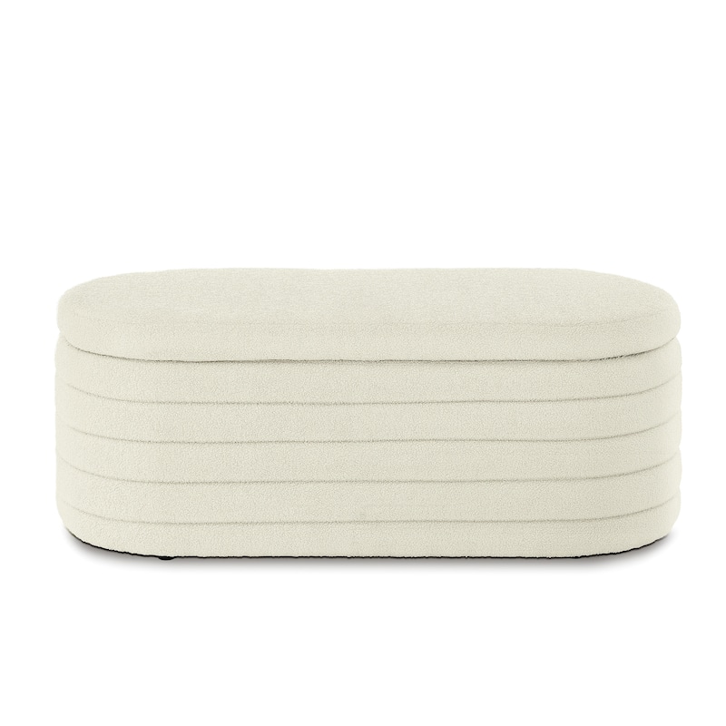 Modern Oval Storage Ottoman Bench Cream Boucle Teddy Fabric for Bedroom Living Room