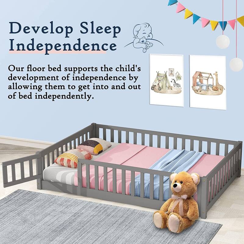 Twin/Full/Queen Size Floor Bed with Safety Guardrails, Toddler Floor Bed for Girls and Boys