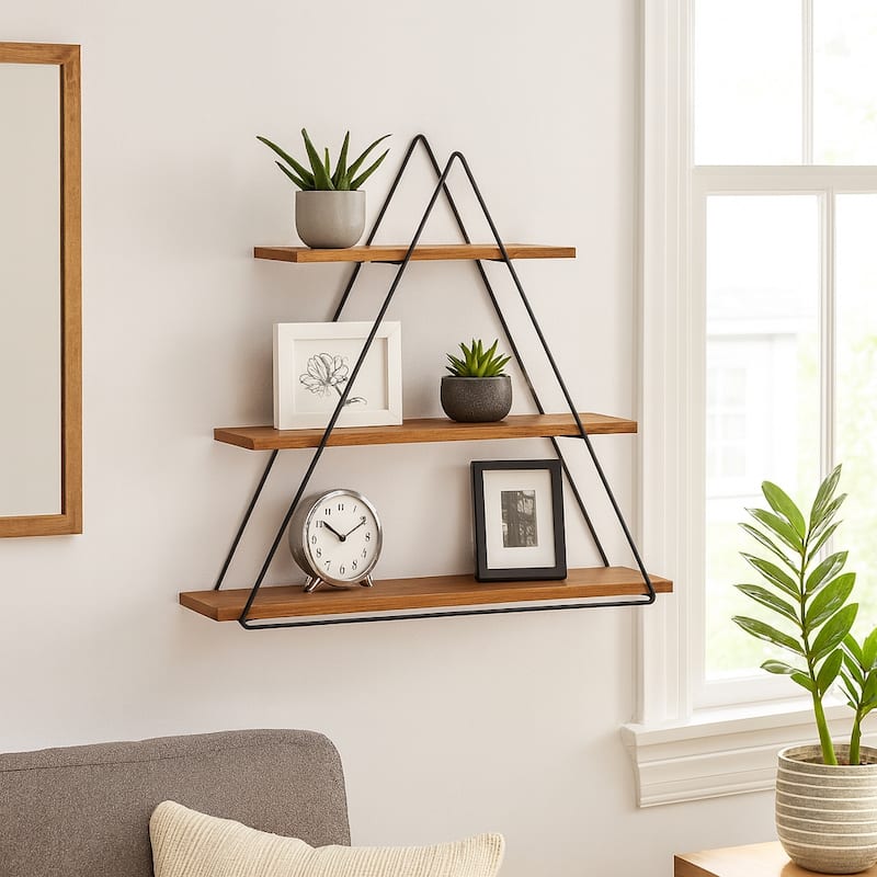 Wooden Triangle Shelf with Metal Frame - 3 Tiered Wall Shelf - Rustic Farmhouse Contemporary Style - 25" x 6.5" x 20"