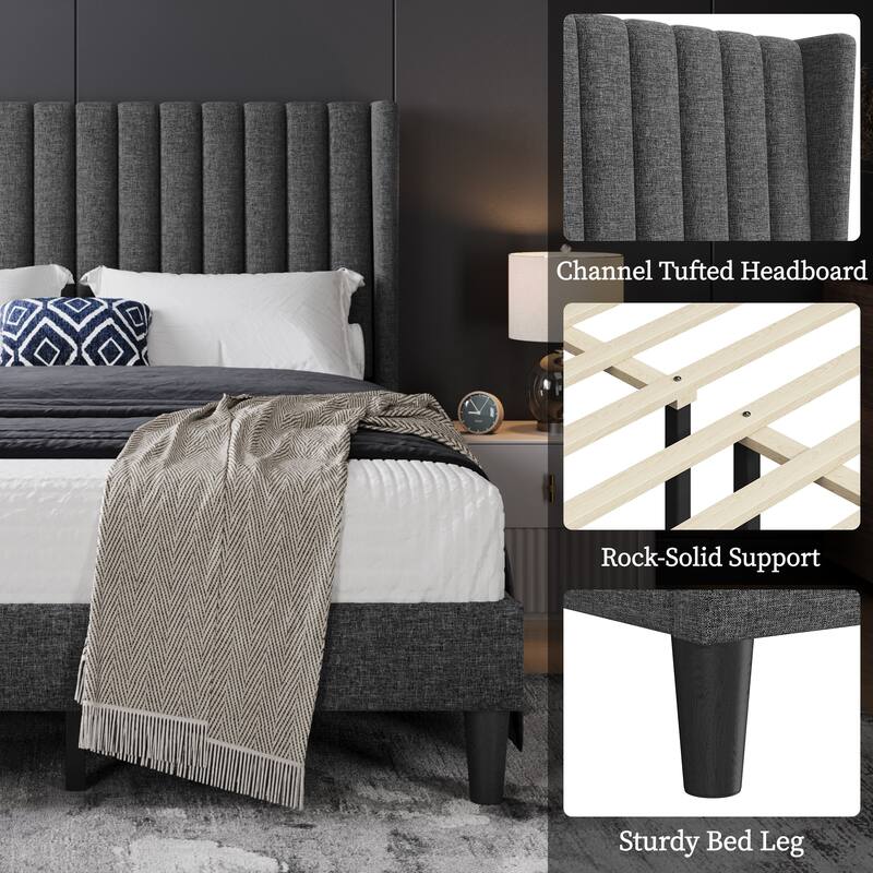 Yaheetech Upholstered Bed Frame with Wing Side Fabric Upholstered Bed with Headboard