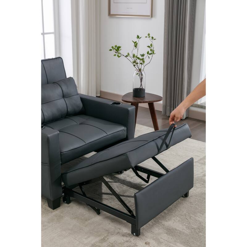 Leather Convertible Futon Armchair Bed with USB Ports, Adjustable Backrest (3-Position), and Built-in Cup Holders
