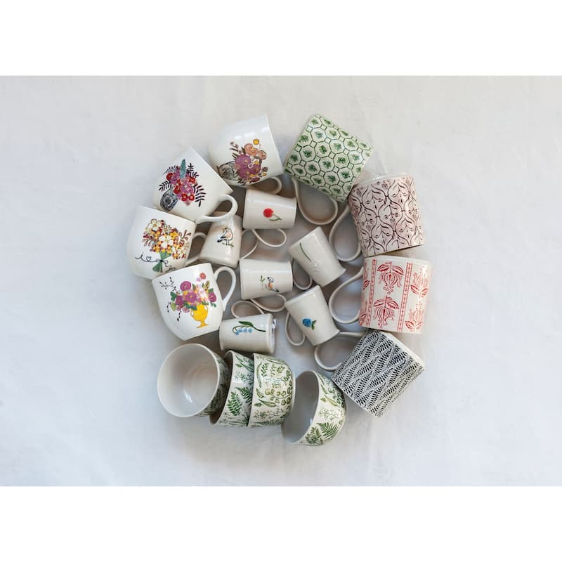 White Stoneware Creamer with Hand-Painted & Embossed Birds (Set of 6 Designs)