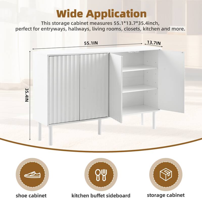 Cream Style Sideboard Buffet Cabinet with Fluted Doors, Large 4-Door Storage Cabinet with Adjustable Shelves