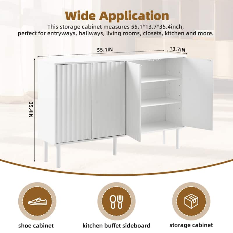 Shoe Cabinet with 4 Fluted Doors, Large Capacity Wood Storage Cabinet, Buffet Cabinet with Adjustable Shelves & Solid Wood Legs