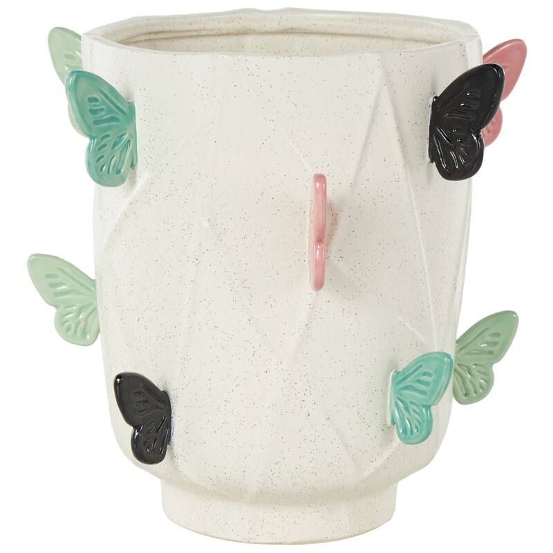 White Ceramic Wide Butterfly Decorative Vase with Multicolor Accents