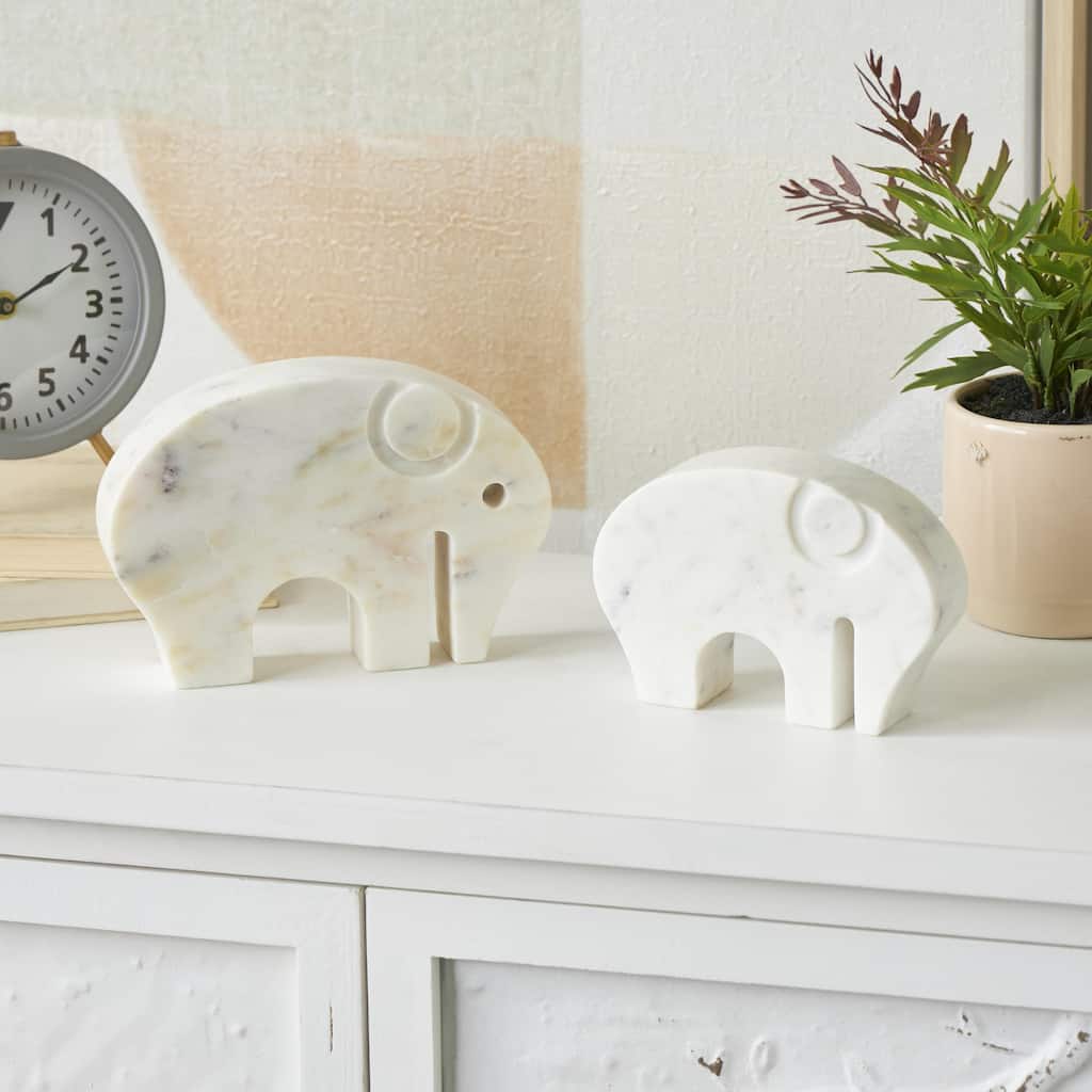 White Marble Rounded Abstract Elephant Decorative Sculpture with Gray Marble Veins and Cutouts (Set of 2)