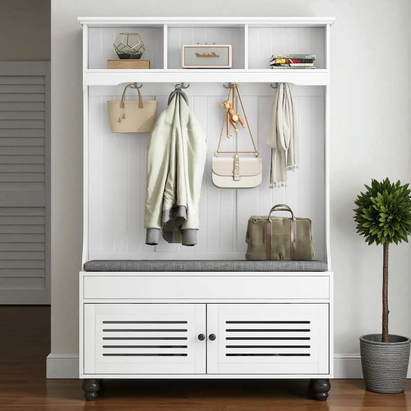 47.2'' Wide 5-in-1 Hall Tree with Bench, Cushion, Shutter Doors & 4 Hooks, Entryway Storage Organizer Cabinet - White