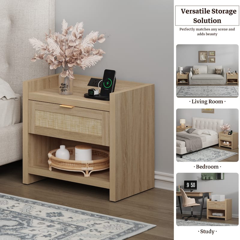 SICOTAS Farmhouse Set of 2 Nightstand with Charging Station and Drawers