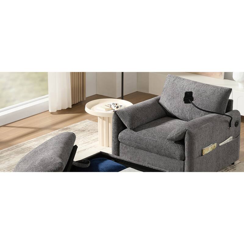 Roomfitters 37" Single Sofa with Storage Ottoman, Chenille Armchair with Phone Holder and Charging Ports, Lounge Chair