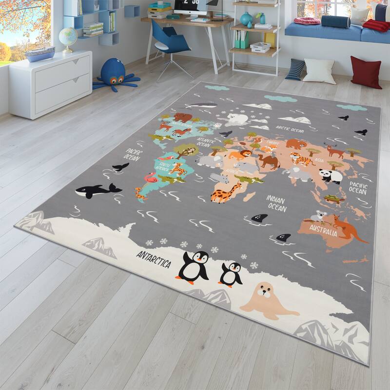 Kids Rug Play Mat with World Map & Charming Animals in Grey