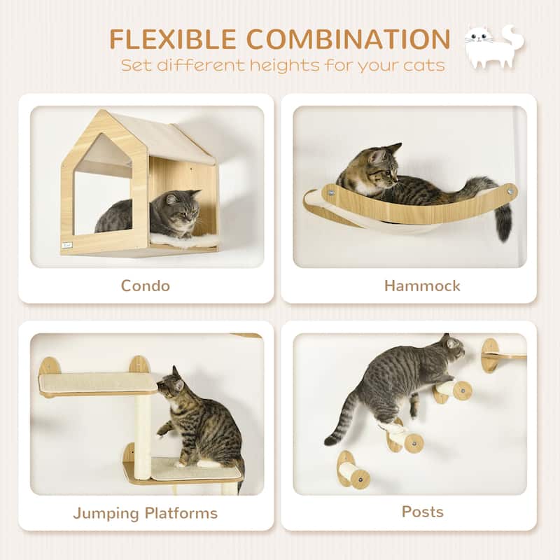 PawHut 8Pcs Wall Mounted Cat Tree Cat Shelf Set, Cat Wall Furniture with Cat Hammocks, Condo, Perches, Steps, Modern Cat Tree