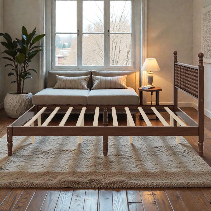 Retro Wood Platform Bed with Gourd Shaped Headboard, Wooden Slat Support, No Box Spring Needed
