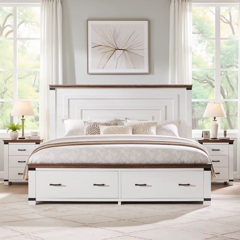 Farmhouse Wood Bed Frame with 54" Tall Headboard, 2 Large Drawers