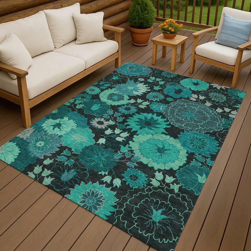 Machine Washable Indoor/ Outdoor Modern Floral Chantille Rug